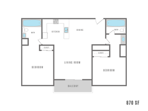 Modern 870 sq ft floor plan with 2 bedrooms, open living and dining area, stylish kitchen, and a private balcony.