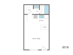 Contemporary studio floor plan featuring integrated kitchen and dining, cozy living area, and efficient bathroom, totaling 327 sq ft.