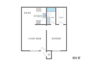 Chic 2D floor plan featuring a cozy 1-bedroom apartment with an open living area, modern kitchen, and a spacious bathroom. Totaling 624 square feet.