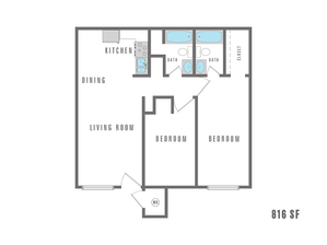 Modern 2D apartment floor plan with 2 bedrooms, open dining and living area, streamlined kitchen, dual baths, and generous closet space, spanning 816 sq ft.