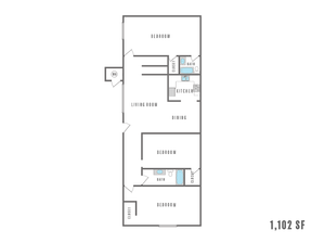 Modern 2D floor plan showcasing 3 bedrooms, airy living room, functional kitchen, and 2 bathrooms, spanning 1,102 sq ft.