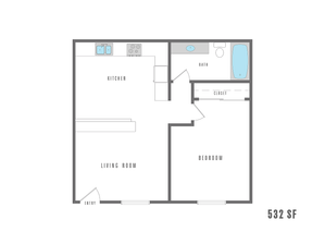 Modern 2D floor plan of a cozy 532 SF apartment featuring one bedroom, an open kitchen, and a bright living room.