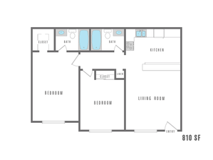 Modern floor plan featuring 2 bedrooms, 2 bathrooms, a spacious kitchen, and a cozy living room, totaling 810 sq ft.