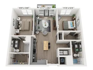 The Pitman 2-bedroom, 2-bathroom, 1,090-square-foot floor plan at Woodburn Exchange in East Walnut Hills.