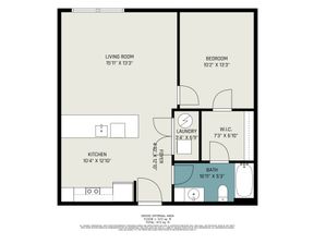 Modern floor plan with 1 bedroom, spacious living room, sleek kitchen, and convenient laundry area.