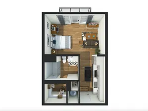 Modern 1-bedroom apartment floor plan featuring an open-concept living area, sleek kitchen, cozy seating space, stylish bathroom, and private balcony.