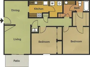Modern 2D floor plan showcasing 2 bedrooms, an open dining and living area, a well-equipped kitchen, and a cozy patio.