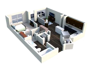 Modern 3D apartment layout featuring a spacious living area, cozy bedroom, sleek kitchen, and elegant bathroom with stylish finishes.