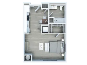 Modern studio apartment floor plan showcasing an open-concept layout with a cozy sleeping area, compact kitchen, dining space, and a spacious bathroom.