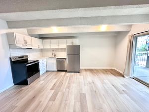 Bright modern kitchen with stainless appliances, sleek white cabinets, and open layout leading to a balcony.