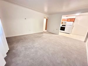 Bright and inviting living room with plush carpeting, seamlessly connecting to a cozy kitchen area.