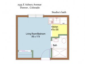Charming studio floor plan at 2535 E Asbury Avenue, Denver, showcasing a versatile living room/bedroom and efficient kitchen layout.