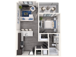 Contemporary 1-bedroom apartment floor plan with open living area and balcony.