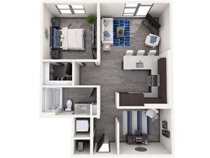 3D floor plan of a modern apartment with a bedroom, open living area, kitchen, and home office.