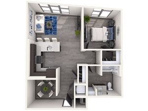 3D floor plan of a contemporary one-bedroom apartment with an open living area, kitchen, and bathroom.