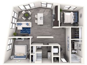 Contemporary 2D floor plan highlighting two bedrooms, a bright living area, and a stylish kitchen with island.