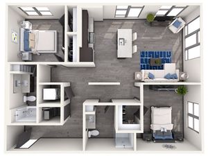 Modern 3D floor plan featuring two bedrooms, a bright living area, and an open-concept kitchen.