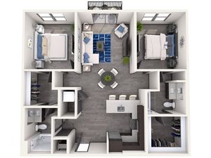 Elegant 2D floor plan featuring two bedrooms, a modern kitchen, and a cozy living room.