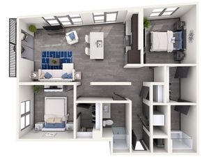 Elegant 3D floor plan showcasing 2 bedrooms, open living area, and modern kitchen layout.