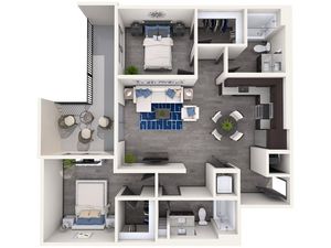 Modern 2D floor plan highlighting 2 bedrooms, open living space, and sleek kitchen with balcony access.
