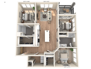 Elegant 3D floor plan featuring three spacious bedrooms, an open living area, modern kitchen island, and a private balcony.