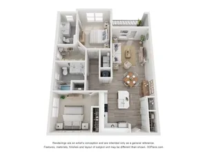 3D floor plan of a stylish apartment featuring two bedrooms, open kitchen, dining area, and cozy living room with balcony access.