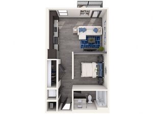Chic 3D floor plan featuring a spacious one-bedroom, integrated living and kitchen area, and modern bathroom.