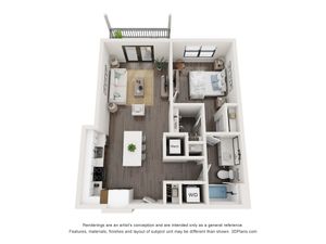 734 SF 1-Bed / 1-Bath apartment.