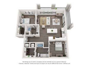 1,256 SF 2-Bed / 2-Bath apartment.