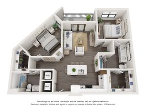 1,038 SF 2-Bed / 2-Bath apartment.