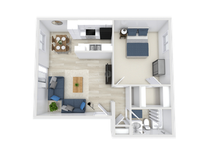 Charming 3D floor plan displaying a cozy one-bedroom apartment with an open living area, modern kitchen, and elegant bathroom.