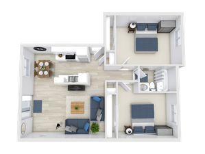 Modern 2D floor plan featuring 2 cozy bedrooms, a stylish open-concept living area, a sleek kitchen, and a bright dining space.