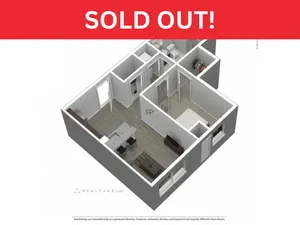 Chic 3D floor plan showcasing modern layout with one bedroom, open living area, and kitchen design.