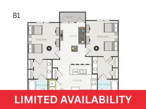 Modern B1 floor plan highlighting 2 bedrooms, an inviting open-concept living area, and a stylish kitchen with limited availability.