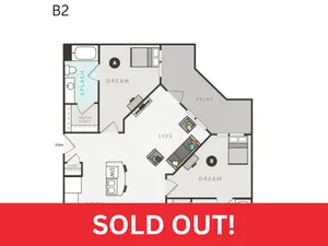 Chic B2 floor plan showcasing 2 dreamy bedrooms, a stylish kitchen, and a comfortable living area, perfectly designed for modern living.