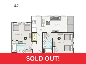 Modern B3 floor plan featuring 2 bedrooms, an open living space, and a sleek kitchen layout, all designed for comfort and relaxation. SOLD OUT!