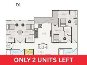 Modern D1 floor plan featuring 4 bedrooms, spacious open-concept living area, and functional kitchen. Limited availability with only 2 units left.