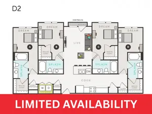 Modern D2 floor plan showcasing 4 bedrooms, spacious living area, and a central kitchen with limited availability.