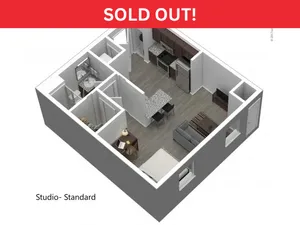 Modern 3D floor plan of a studio apartment featuring an open kitchen, cozy living area, and a chic bathroom, labeled \'Studio - Standard\', marked \'Sold Out\'.