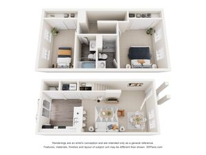 Modern two-story apartment floor plan showcasing a stylish open-concept living area and kitchen on the first floor, with two cozy bedrooms and a bathroom on the second floor.