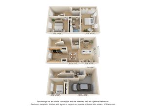 Charming 3D floor plan of a spacious townhouse featuring two cozy bedrooms, a stylish open-plan living area, a modern kitchen, and a convenient garage.