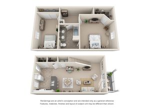 Chic 3D floor plan showcasing a modern two-story layout with 2 bedrooms, a stylish open-concept living room, and a functional kitchen, complete with a cozy outdoor patio area.