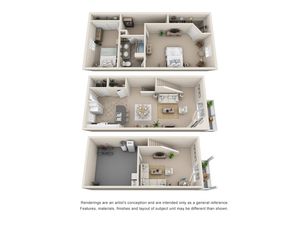 Elegant 3D floor plan featuring three levels: a cozy bedroom floor, a spacious living area with balcony, and a functional basement with laundry.