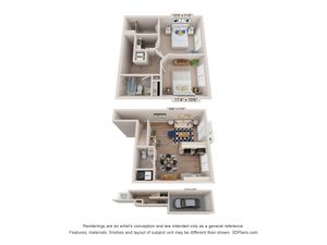 Modern 2D floor plan showcasing a sophisticated design with two cozy bedrooms, a stylish open-concept living and dining area, a chic kitchen, and a convenient garage space.
