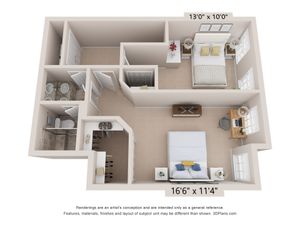 Modern 2D floor plan showcasing 2 spacious bedrooms, a stylish office nook, and dual-basin bathroom.
