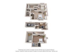 Modern three-level floor plan featuring two spacious bedrooms, an open-concept living area, a dedicated garage space, and an inviting entryway with large windows.