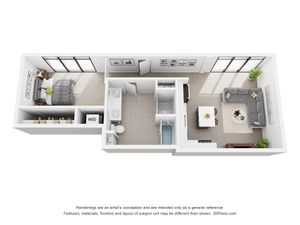 Modern 3D floor plan showcasing one-bedroom apartment with a spacious living room, sleek kitchen, and stylish bathroom design.