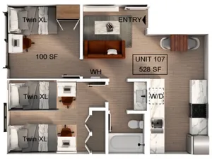 Contemporary floor plan for Unit 107 featuring 528 sf, with two bedrooms each with Twin XL beds, stylish open living area, modern kitchen, and a bathroom with washer/dryer.
