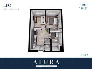 Chic 2D floor plan of LEO model showing 1 bed, 1 bath, with an open-concept living area and modern kitchen, spanning 486-590 sq ft at Alura Luxury Apartments.