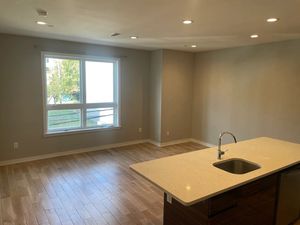Bright and spacious living area with modern hardwood flooring, large window offering natural light, and a sleek kitchen island with sink.
